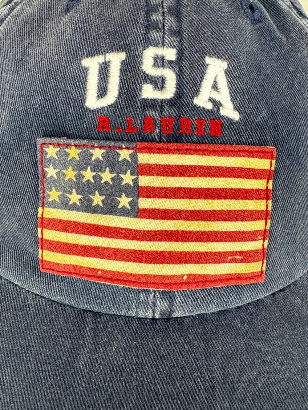 Vintage Polo Ralph Lauren Hat Blue Flag USA Baseball Cap 1990s Strapback Faded